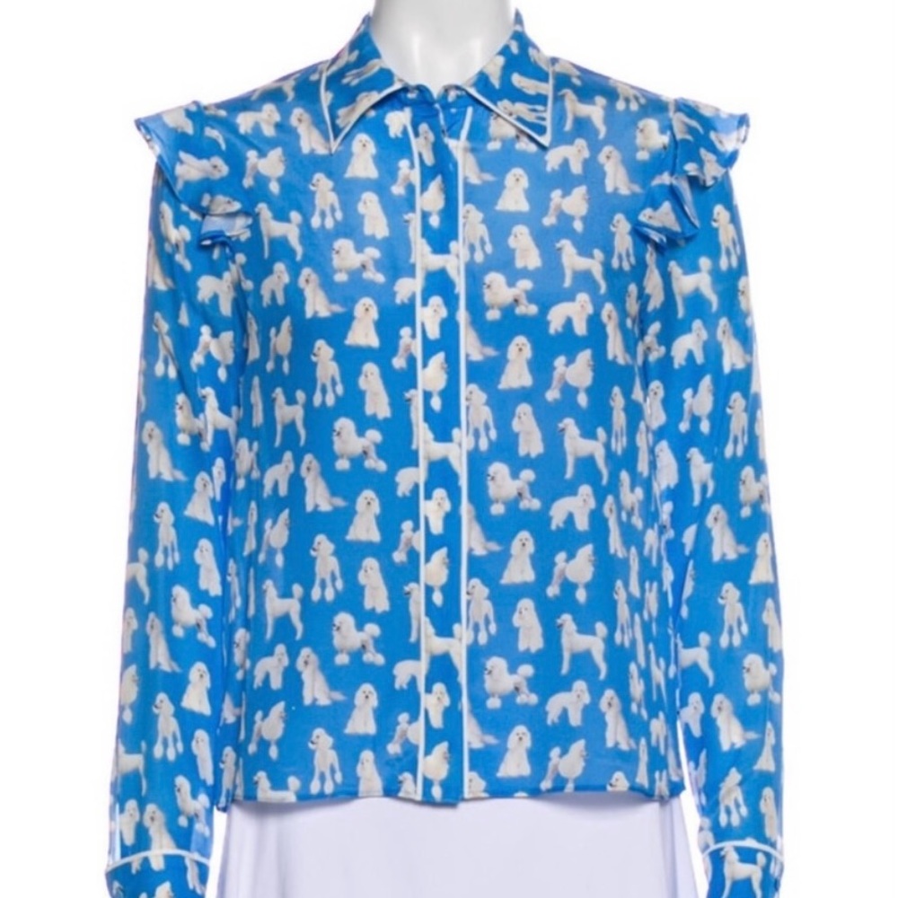 Alice + Olivia Zimmer Blue Poodle Ruffle Silk Print Blouse 🐩